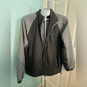 Men’s black and gray champion, windbreaker jacket, size MED zippers work‎ bin11